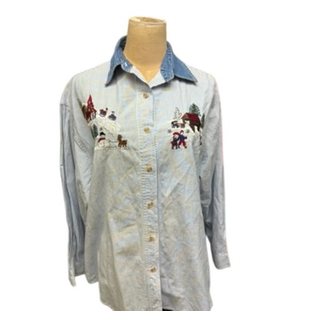 VTG? "Solutions" Original Striped‎ Winter Embrod. Denim Collar Shirt L Christmas